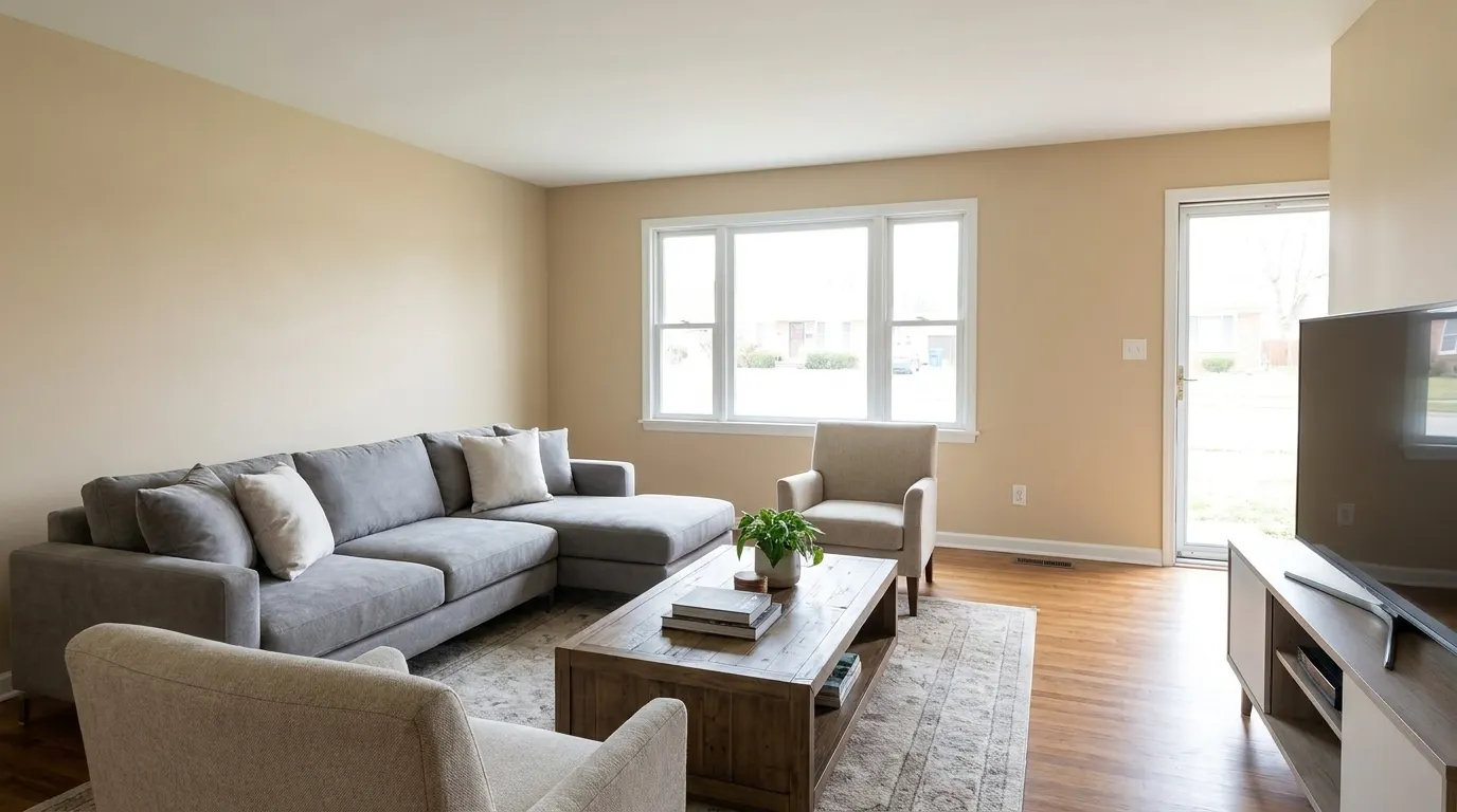Same living room fully rebuilt and restored after fire damage