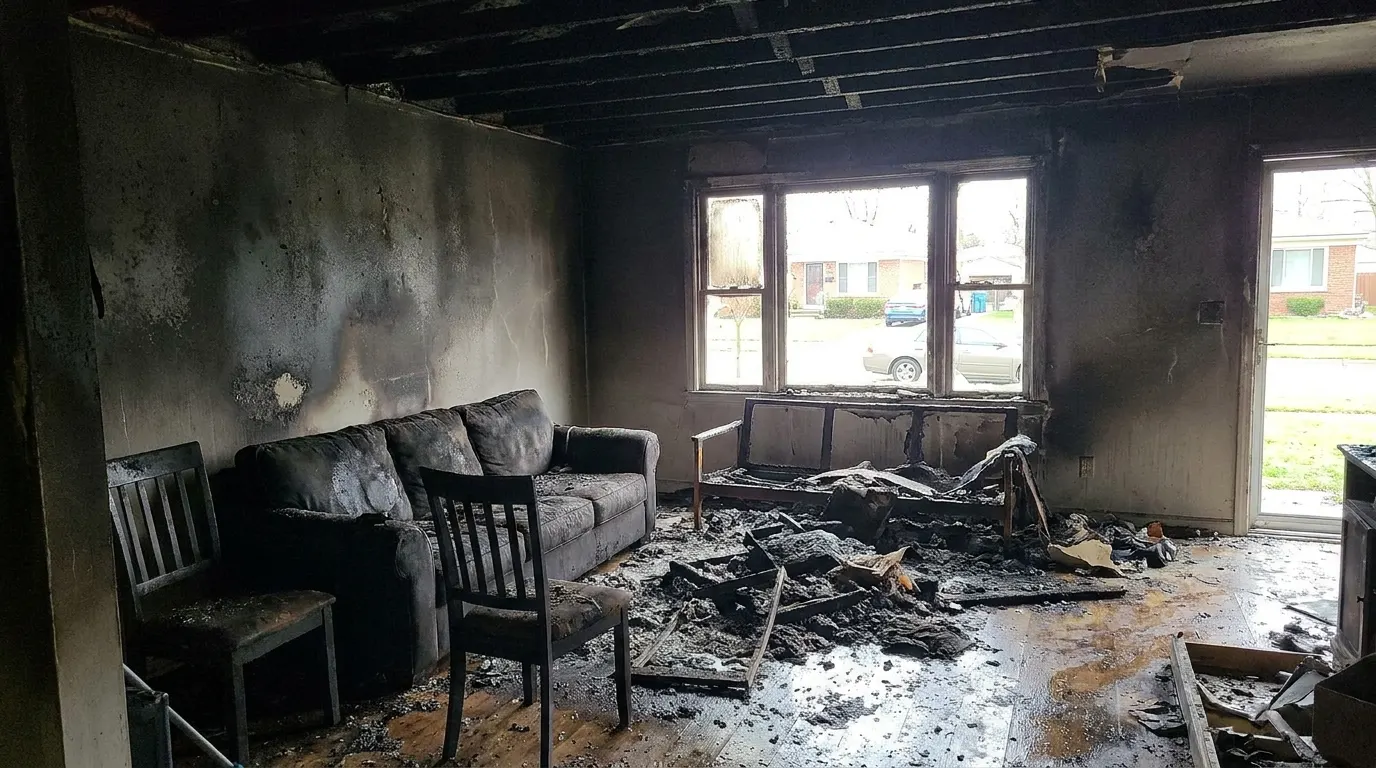 Living room with severe fire damage and charred walls before restoration