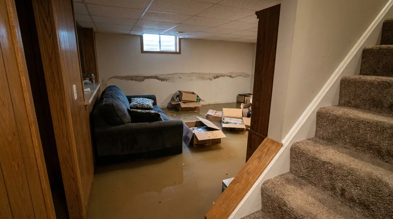 Basement flooded wall to wall before emergency water cleanup