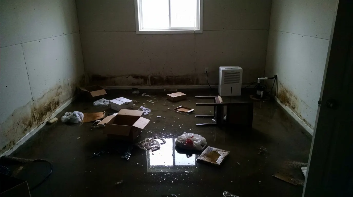 Basement flooded wall to wall by a sewage backup before cleanup