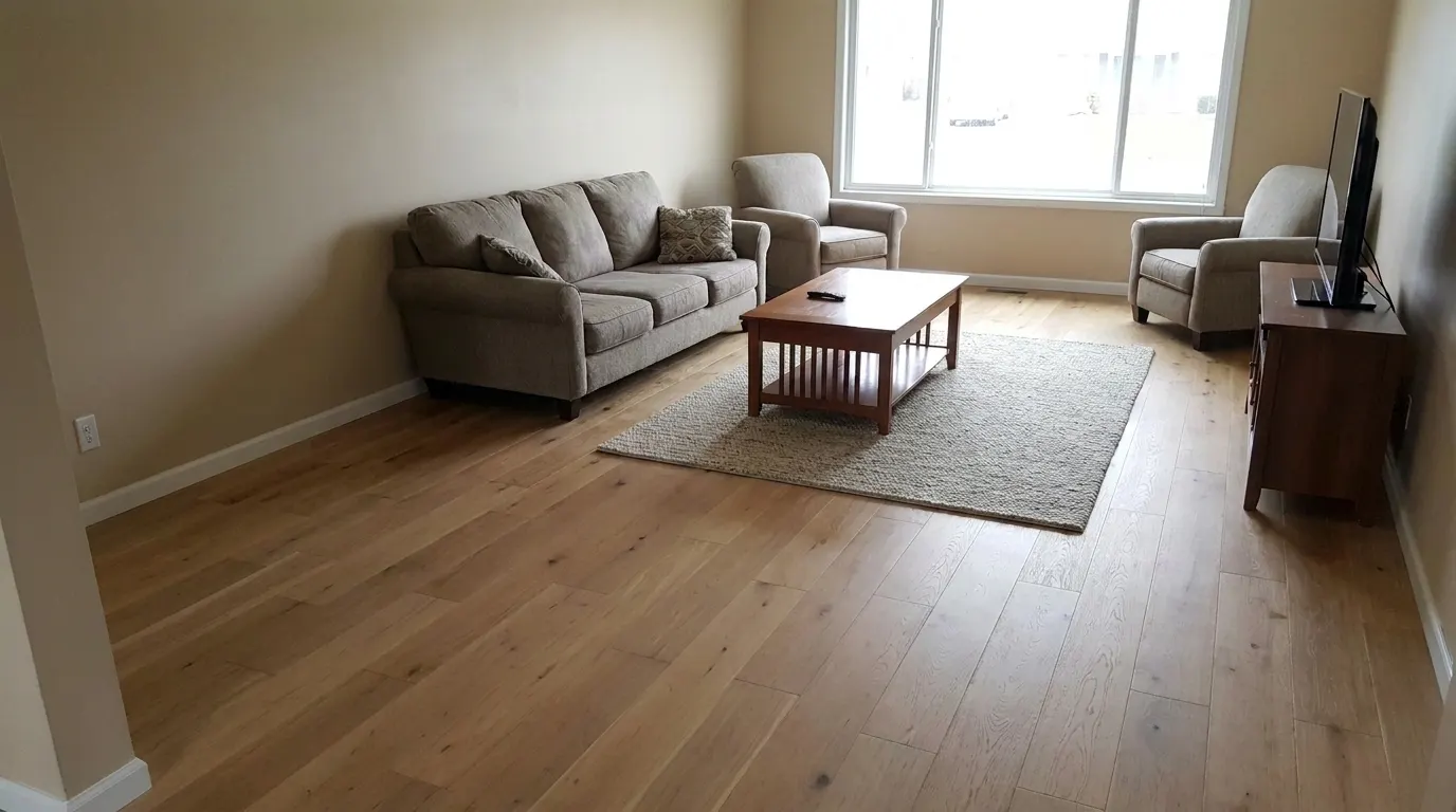 Same living room with new premium plank flooring and repaired walls after restoration