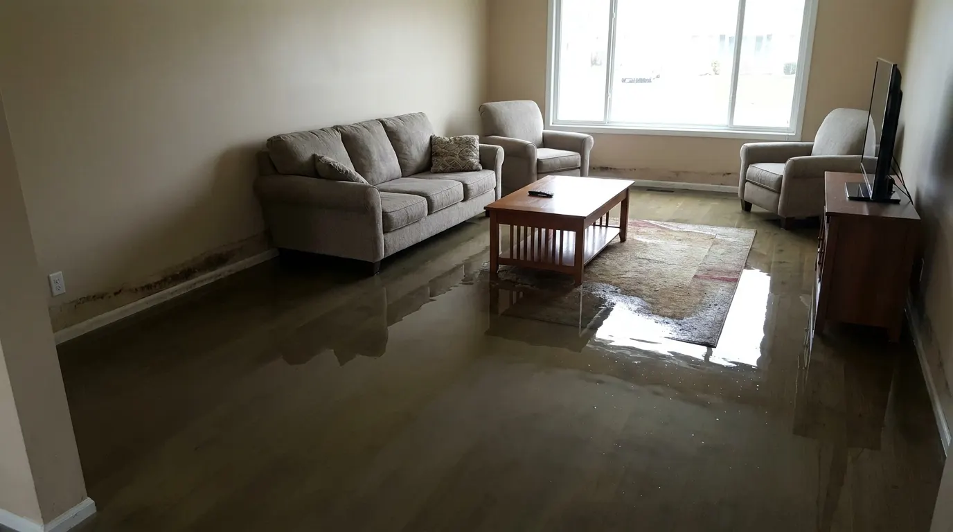 Flooded living room with standing water before restoration