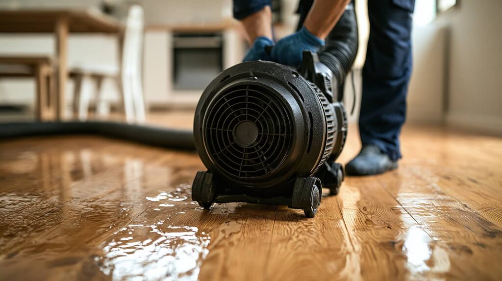 Worker using a floor blower to dry a wet hardwood floor.