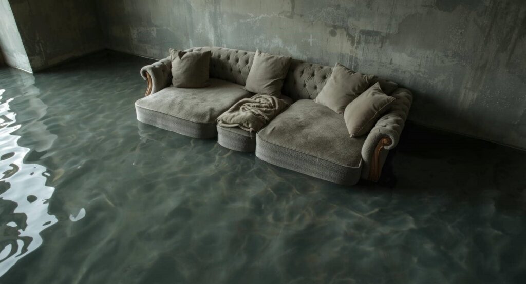 A gray sofa partially submerged in floodwater inside a room with concrete walls.
