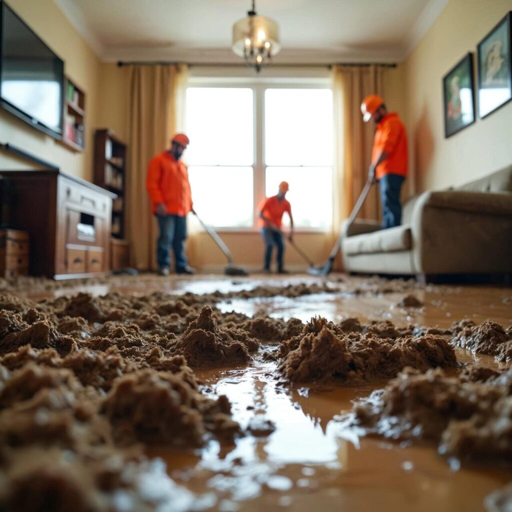 Workers in orange uniforms clean mud and water from a flooded living room floor.