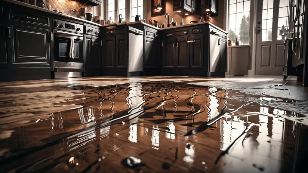 Water spilled across a wooden kitchen floor with dark cabinets and stainless steel appliances.