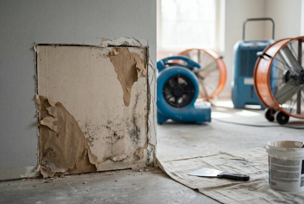Damaged wall with mold and peeling paint next to drying fans and a paint bucket on a drop cloth.