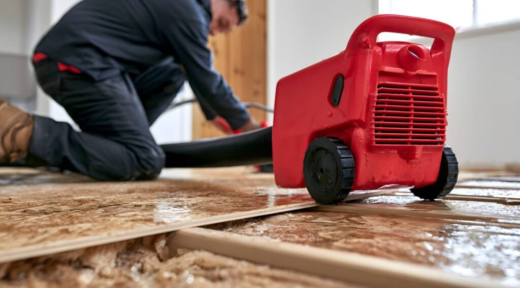 Worker using a red floor dryer on a wet floor.