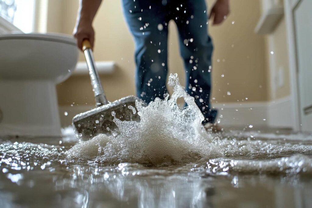 Water splashes on a flooded bathroom floor as a person uses a mop near a toilet.