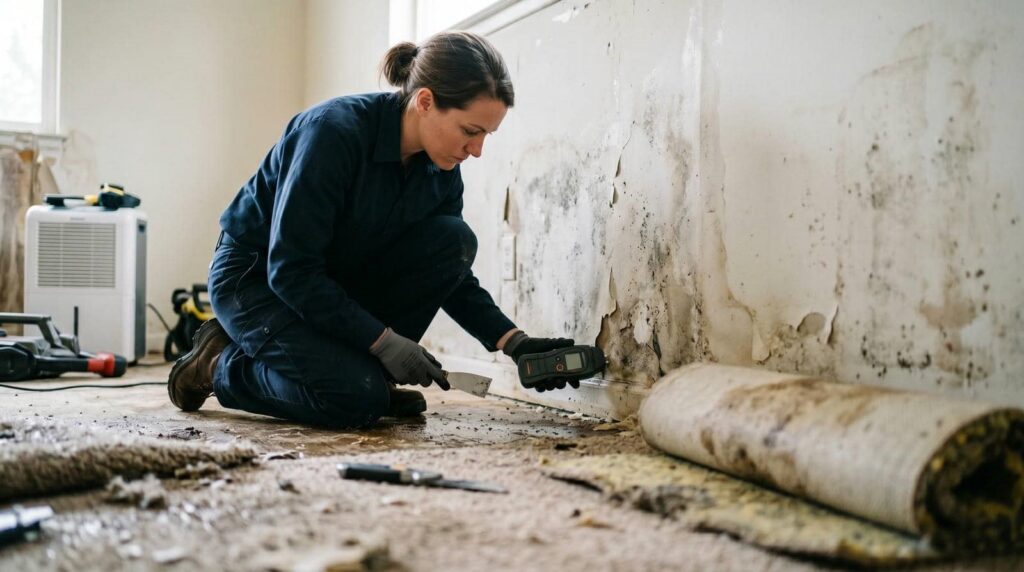 Woman inspecting mold damage on a wall while kneeling on a dirty floor with removed carpet.