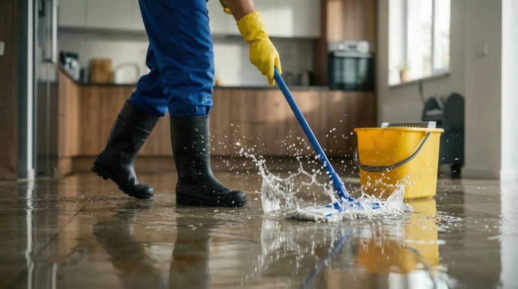 Person mopping a wet floor with water splashing near a yellow bucket in a kitchen.