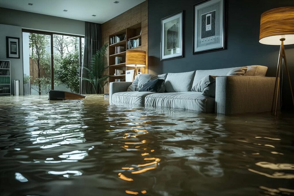 Living room flooded with water nearly reaching the sofa cushions and floor lamps.