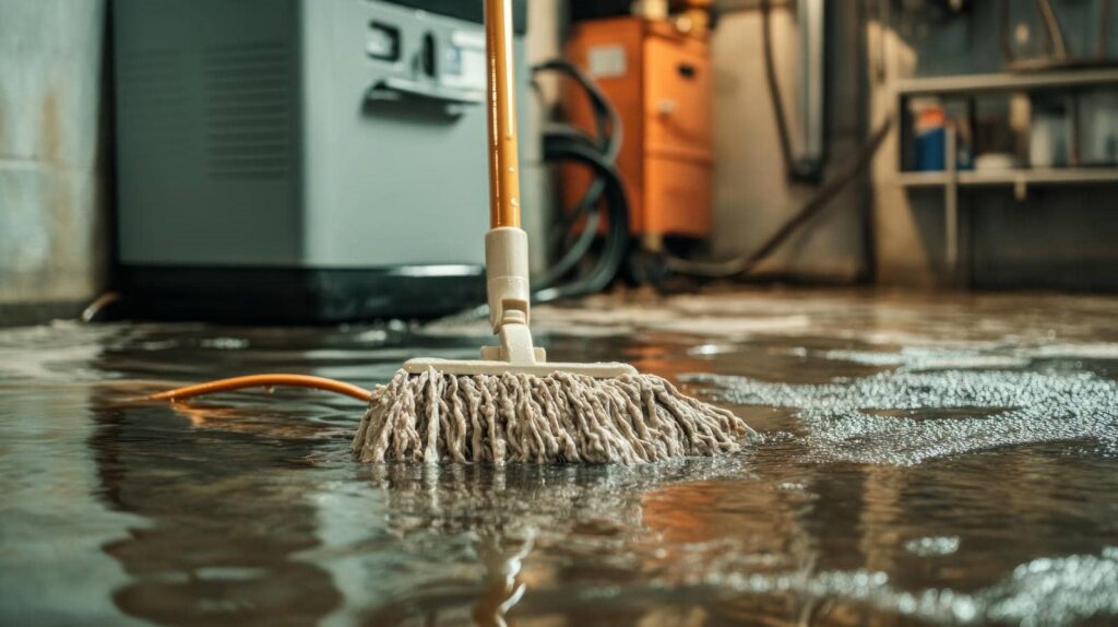 Mop soaking up water on a flooded basement floor with appliances in the background.