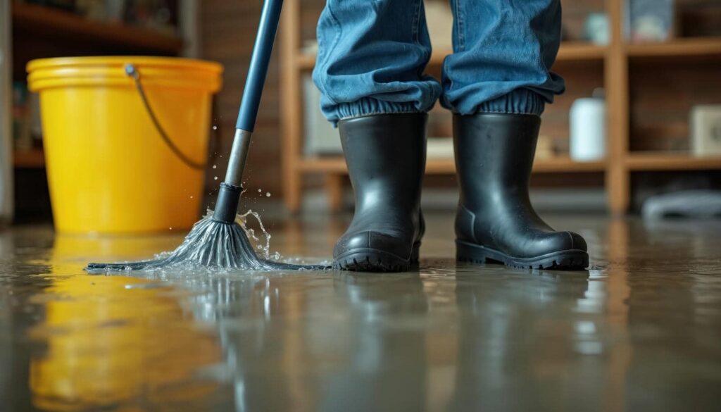 Person wearing black boots mopping a wet floor with a yellow bucket nearby.