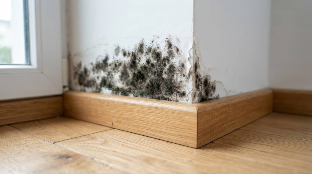 Black mold growing on a wall near a window and baseboard.