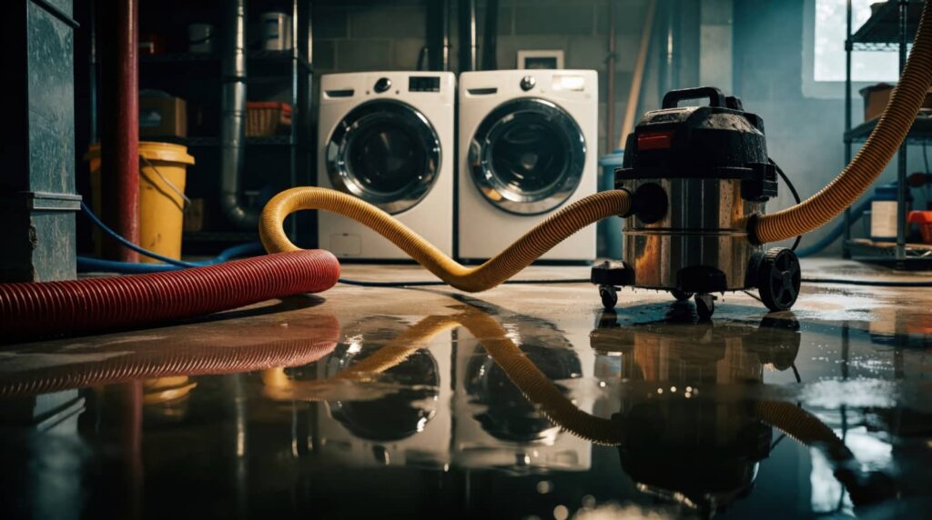 Wet basement with a shop vacuum and washing machines.