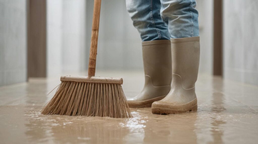 Person wearing rubber boots sweeping water off a wet floor with a broom.