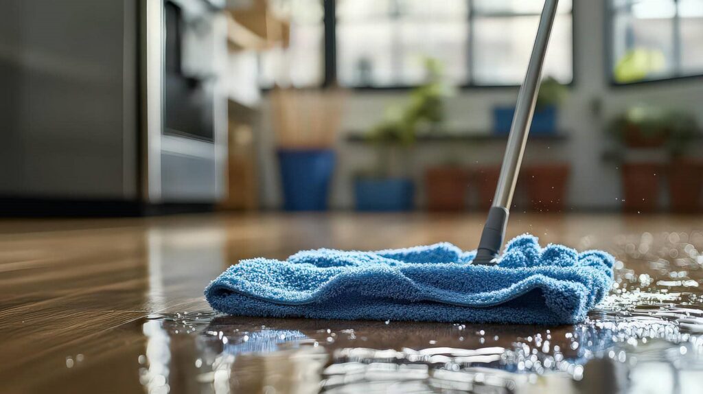 Blue microfiber mop cleaning a wet wooden floor in a bright kitchen.
