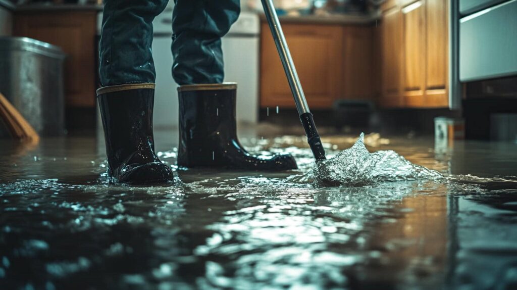 Person wearing black rubber boots standing in a flooded kitchen using a mop to push water.