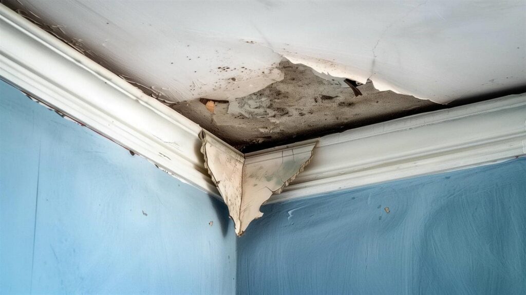 Peeling and water-damaged ceiling corner with mold and cracked paint above blue walls.