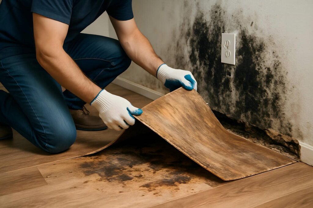 Person lifting damaged flooring to reveal mold and water damage on wall and floor.