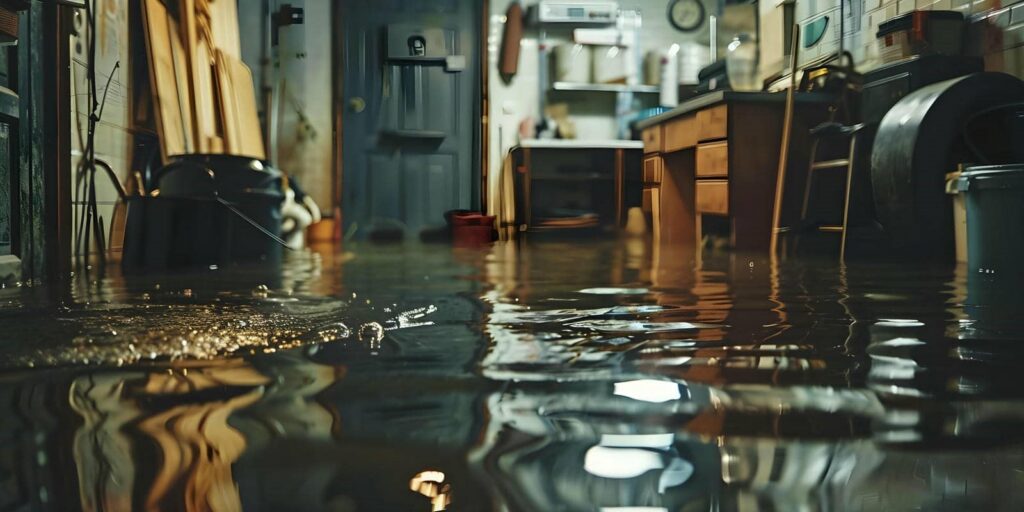 Flooded basement with water covering the floor and furniture partially submerged.
