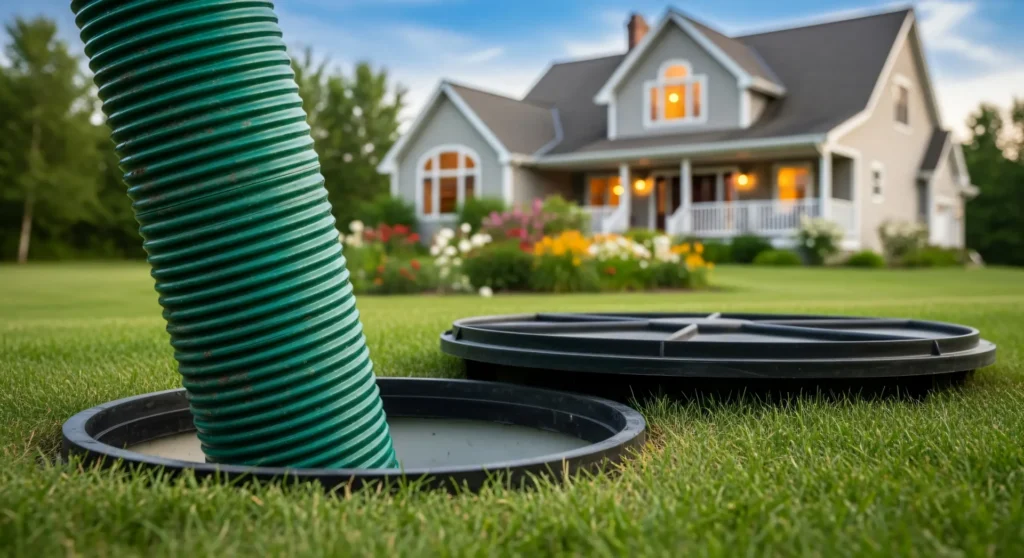 A green corrugated pipe emerging from a septic tank lid in a grassy yard with a house in the background.