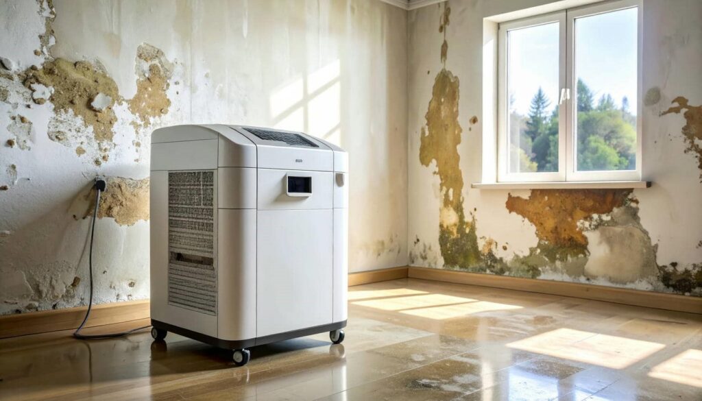 Professional equipment in a room with mold and water damage on the walls.