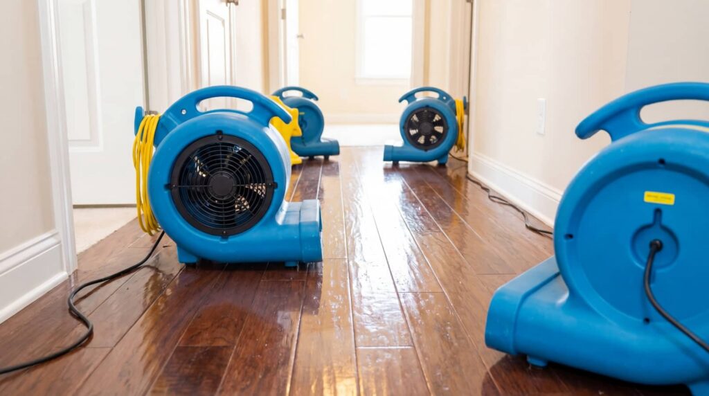 Blue industrial fans drying a wet hardwood hallway.