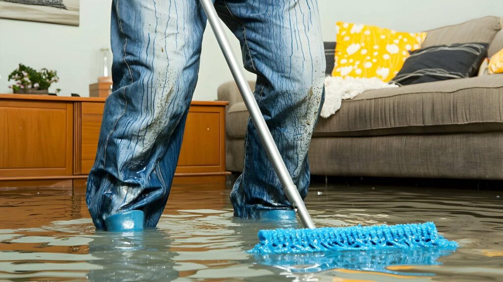 Person in wet jeans using a mop to clean a flooded living room floor.