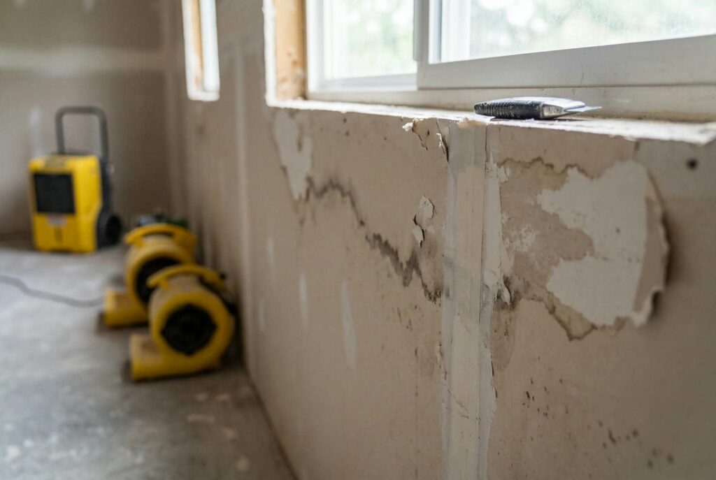 Wall with water damage and peeling paint near a window in a room with drying equipment.
