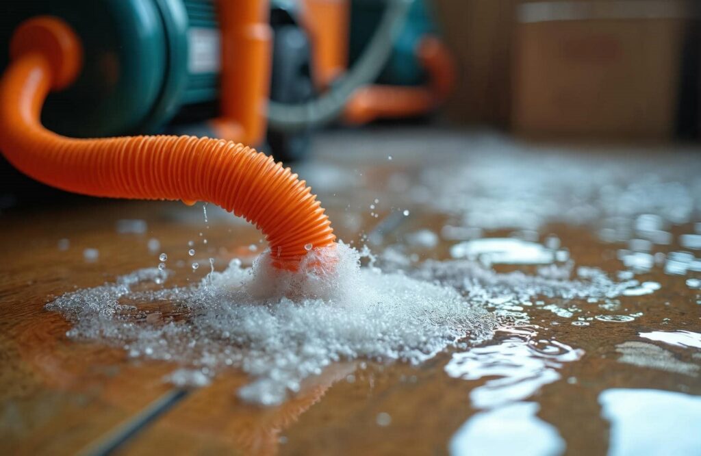 Orange hose pumping water and foam onto a wet floor.