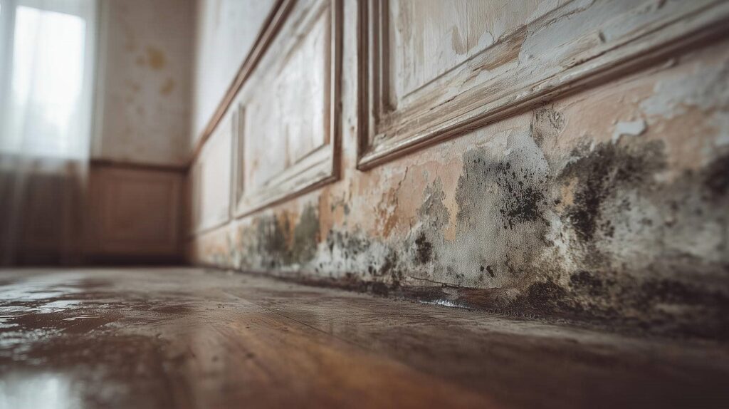 Mold and water damage along the lower wall and floor of a room with wooden paneling.