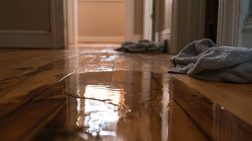 Water flooding a hardwood hallway floor with towels nearby.
