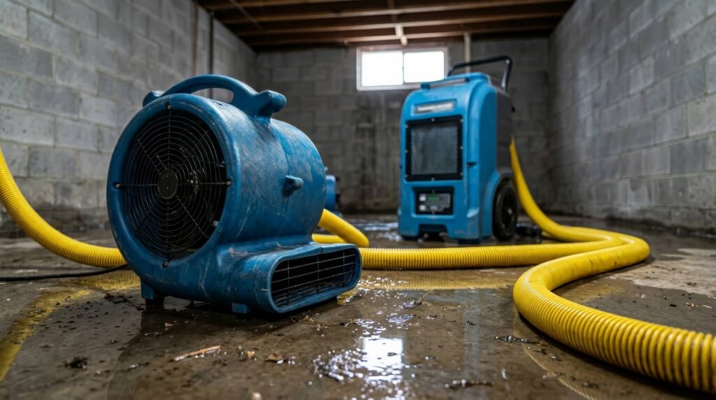 Blue industrial fans and yellow hoses drying a flooded basement.