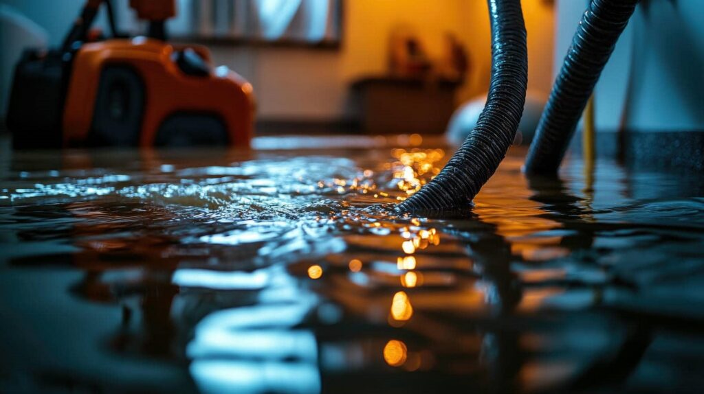 Flooded indoor area with water and black hoses submerged, reflecting blue and orange lights.