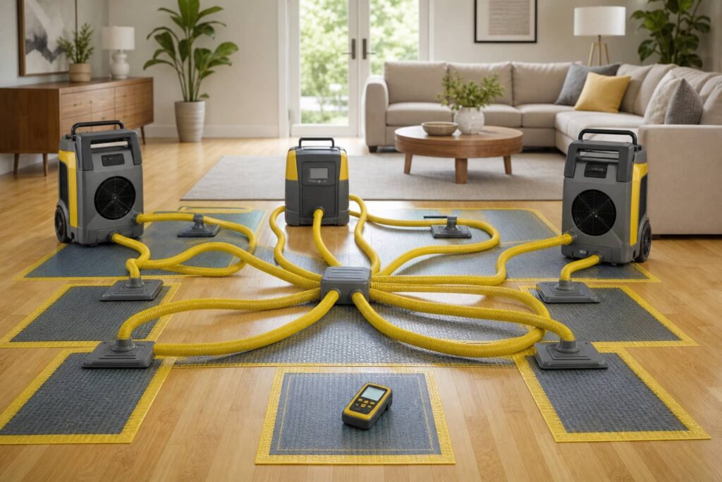 Three dehumidifiers connected by yellow hoses in a living room.