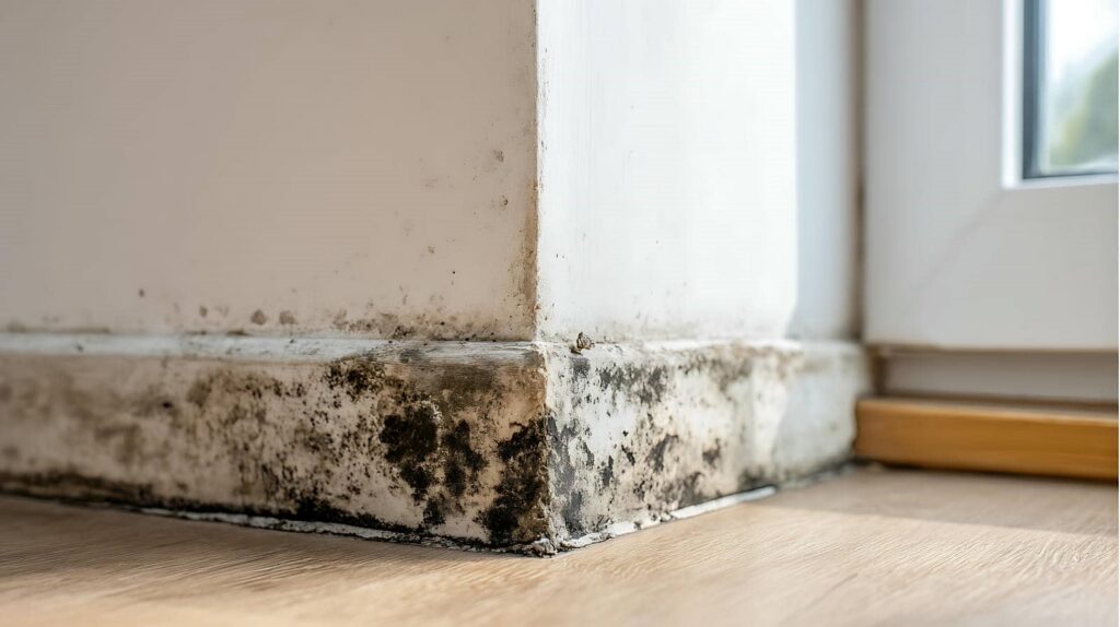 Black mold growth on the base of an interior wall corner near a window.