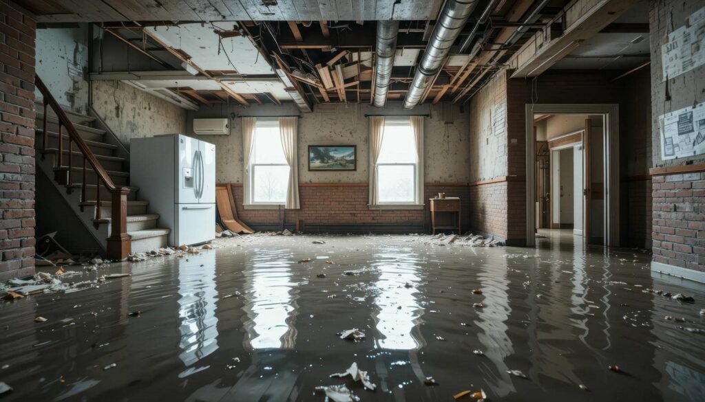 Flooded room with debris, exposed ceiling, and a refrigerator near stairs.