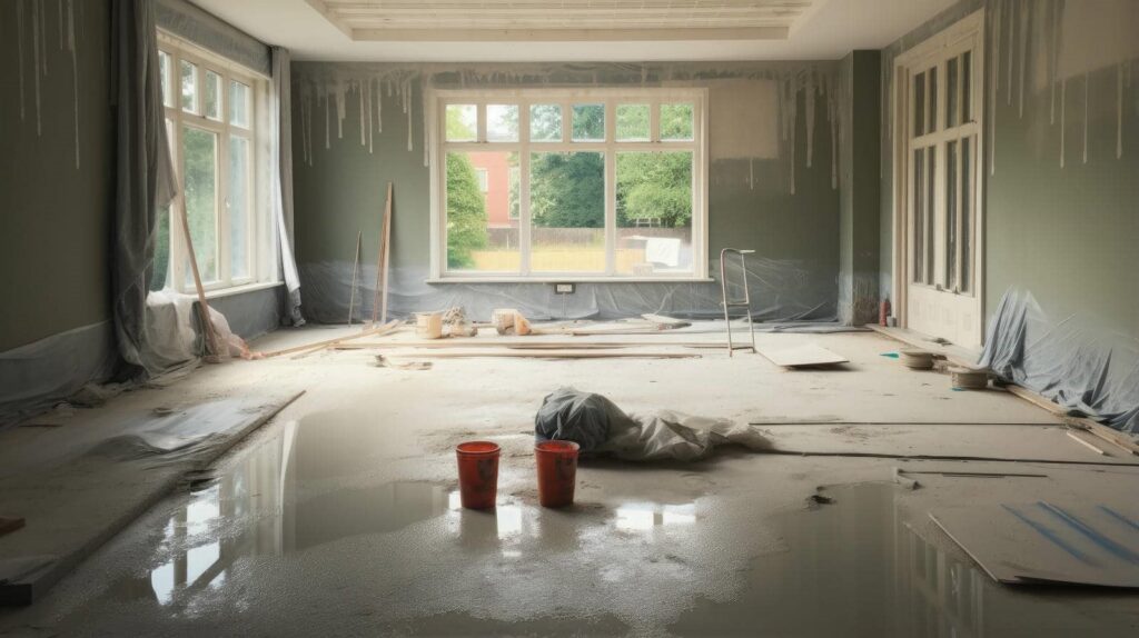 Room under renovation with plastic-covered walls, construction materials, and water puddles on the floor.