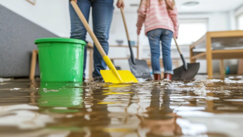 Two people using shovels to remove water from a flooded room with a green bucket nearby.