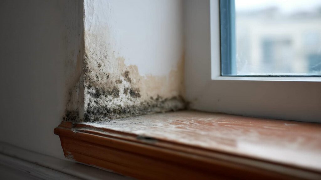 Black mold growing on a window sill and corner wall inside a room.