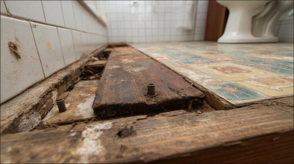 Close-up of damaged wooden floorboards with exposed screws next to patterned tiles in a bathroom.