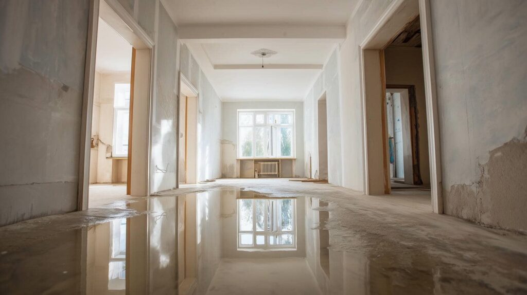 Empty hallway in a building under renovation with a large puddle reflecting a window at the end.