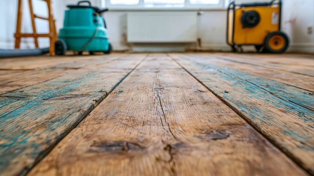 Close-up of a worn wooden floor with cleaning equipment in the background.