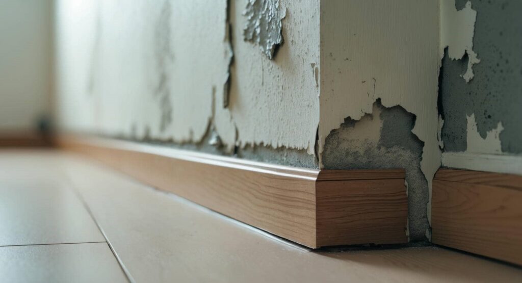 Peeling paint and damaged plaster on a wall above a wooden baseboard near the floor.