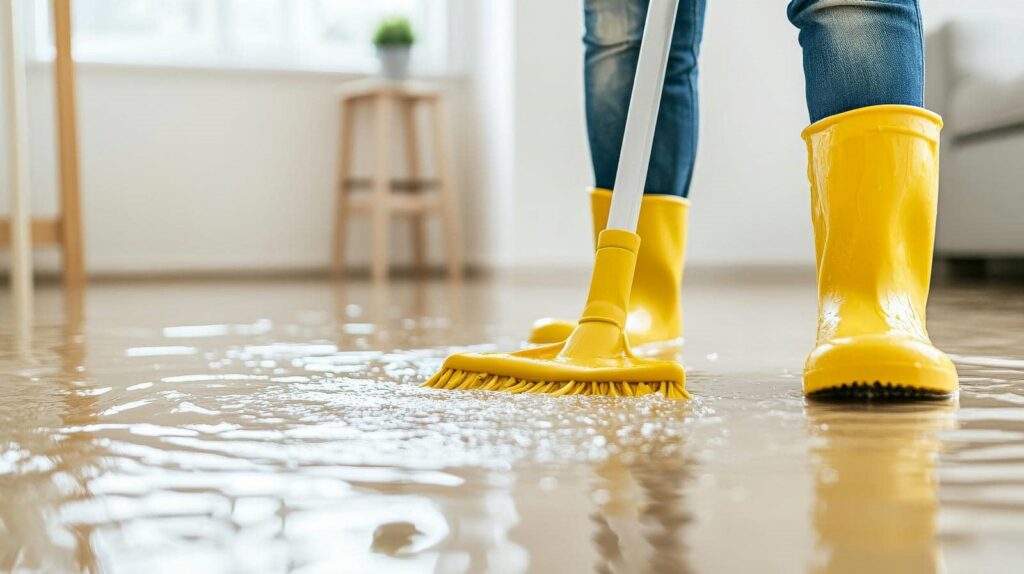 Person in yellow boots mopping a flooded floor indoors.