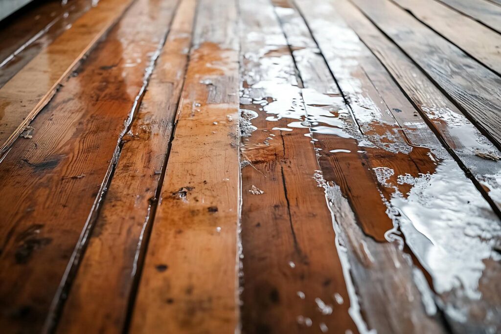 Wet wooden floorboards with water pooling on the surface.