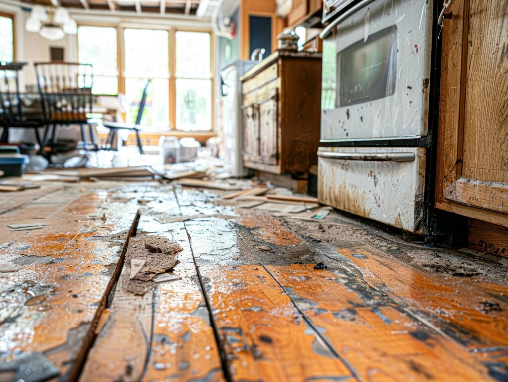 Damaged and dirty wooden kitchen floor with debris near a stained oven and cabinets.