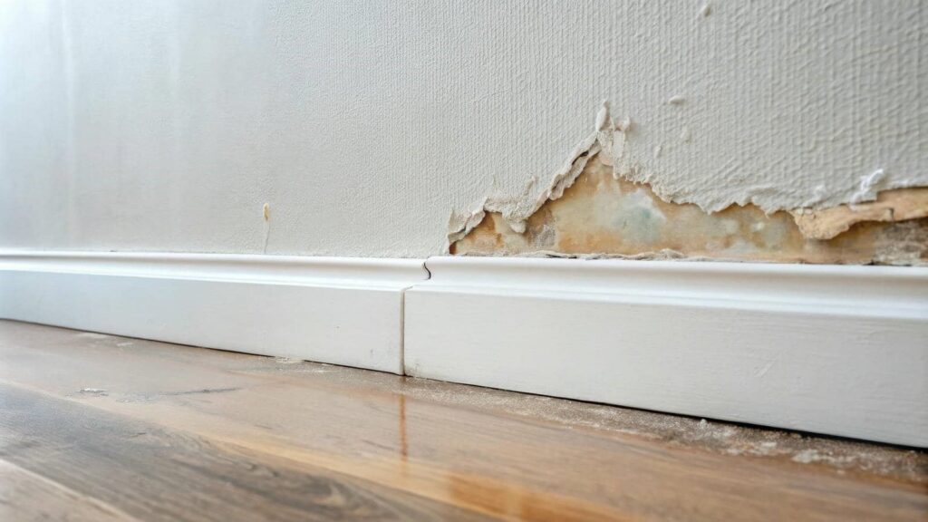 Peeling and damaged wall paint above a white baseboard on a wooden floor.